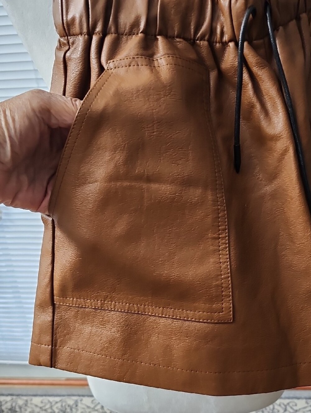 Women's Faux Leather Paperbag Waist Shorts - Tan - Picture 2 of 5